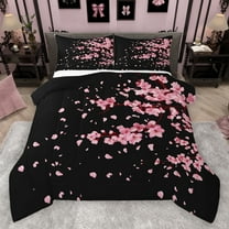 Homewish Cartoon Flower Sakura Bedding Comforter Set,Japan Cherry Blossom Twin Comforter Sets,Black Pink Bedding Set For Girl Teens,Ultra Soft Home Decor Reversible,2-Piece
