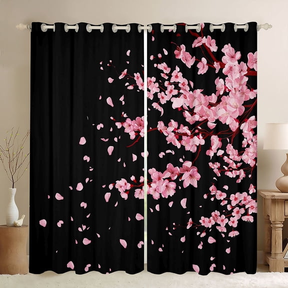 Homewish Cartoon Flower Sakura Black Out Curtains,Japan Cherry Blossom Curtains Pack of 2 (42x63 Each),Black Pink Bedroom Curtains For Girl Teens,Ultra Soft Home Decor
