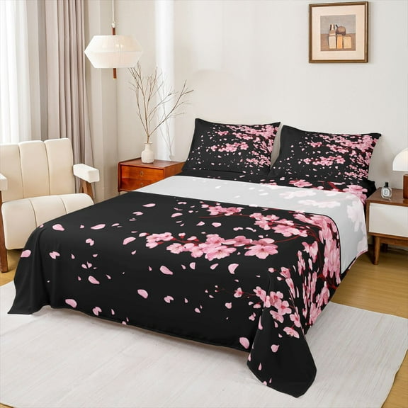 Homewish Cartoon Flower Sakura Twin Sheet Sets,Japan Cherry Blossom Twin Fitted Sheet,Black Pink Flat Sheet For Girl Teens,Ultra Soft Home Decor,3-Piece