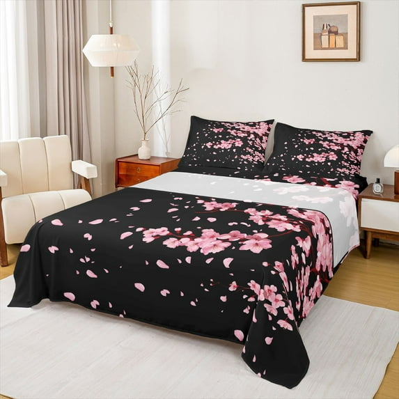 Homewish Cartoon Flower Sakura Twin Sheet Sets,Japan Cherry Blossom Twin Fitted Sheet,Black Pink Flat Sheet For Girl Teens,Ultra Soft Home Decor,3-Piece