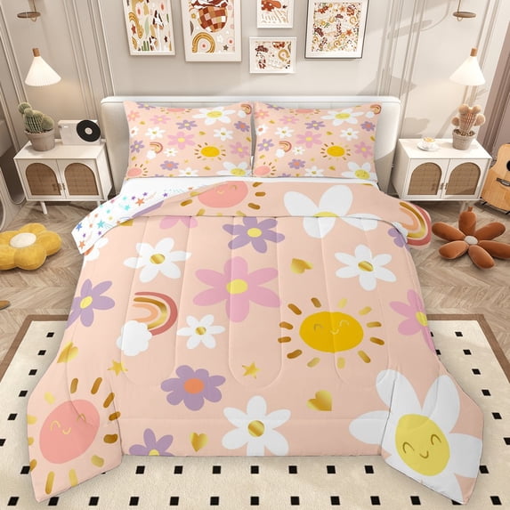 Homewish Cartoon Flowers 3 Pieces Queen Comforter Set For Kids Boys Girls,Dreamy Princess Ultra Soft Bedding Sets,Spring Garden Bedding Comforter Set,Luxury Bedroom Decor,Reversible