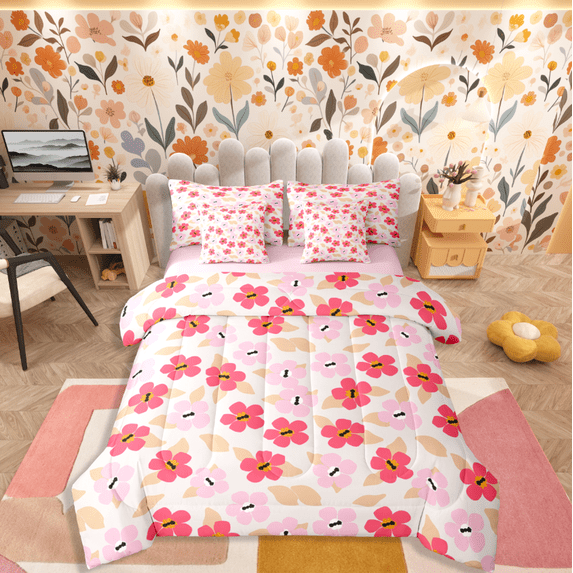 Homewish Cartoon Flowers 7-Piece Twin Bedding Sets For Teens Female Girls,Spring Garden Bedding Comforter Set,Chic Floral Blossoms Breathable Sheet Sets,Lightweight Room Decor,Reversible