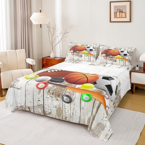 Homewish Cartoon Football Basketball Twin Sheet Sets, Rugby Soccer Sports Lover Twin Fitted Sheet, Teens Kids Boys Girls Flat Sheet, Microfiber Bedroom Decor, 3-Piece
