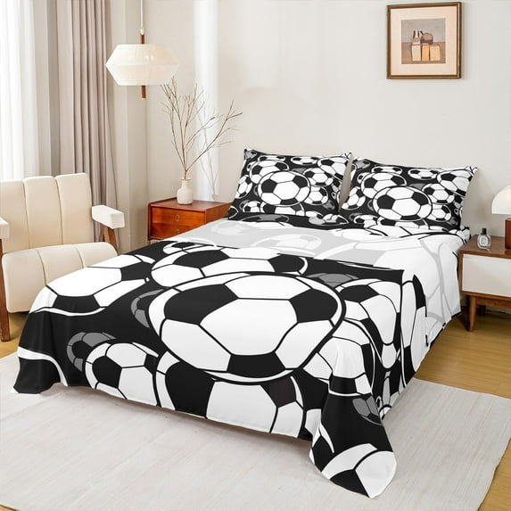 Homewish Cartoon Football Boys Twin Sheet Sets, Modern Soccer Lover Twin Fitted Sheet, Ball Sports Theme Flat Sheet, Microfiber Bedroom Decor, 3 Pieces