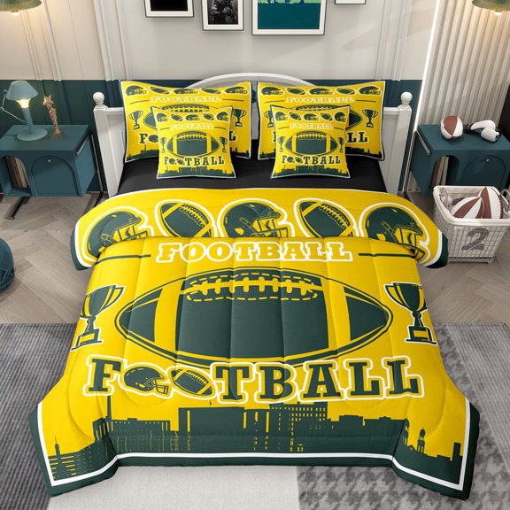 Homewish Cartoon Football Print Bedding Comforter Set 7pcs, Yellow Green Abstract Queen Bedding Sets, Teens Kids Girls Boys Reversible Queen Sheet Sets, Microfiber Bedroom Decor