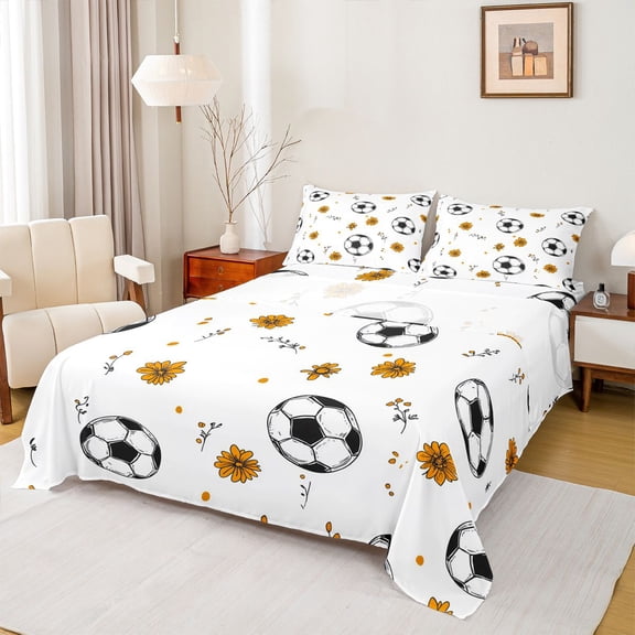 Homewish Cartoon Football Rugby Queen Sheet Sets, Groovy Flower Floral Flat Sheet, Teens Kids Boys Girls Queen Fitted Sheet, Luxury Bedroom Decor, 4pcs