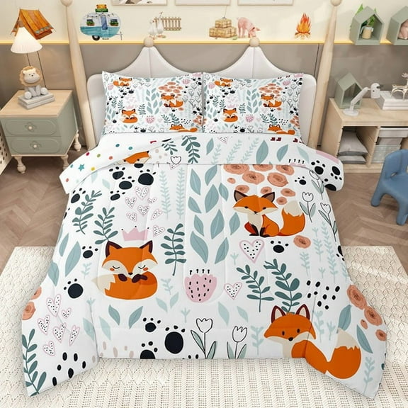 Homewish Cartoon Fox 2pcs Bedding Comforter Set for Preppy Children Kids,Dreamy Princess Twin Comforter Sets,Kawaii Animal Breathable Bedding Set,Luxury Bedroom Decor,Reversible