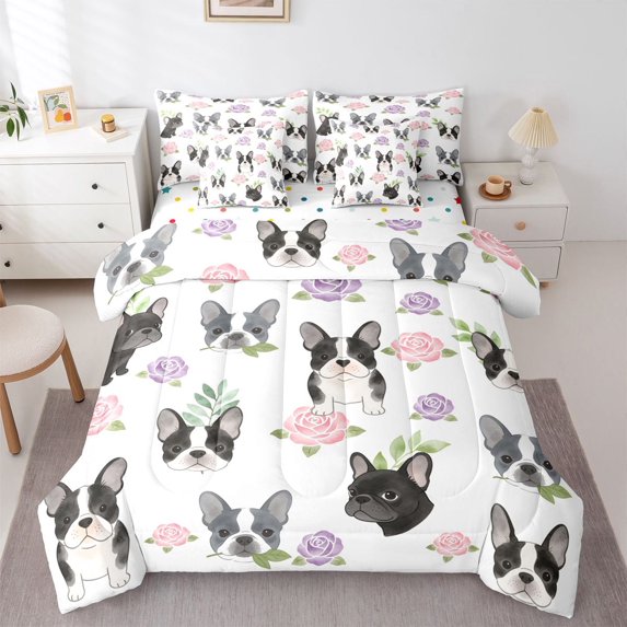 Homewish Cartoon French Bulldog 7-Piece Twin Bedding,Pink Purple Roses Bedding Comforter Set,White,Polkadot Reversible
