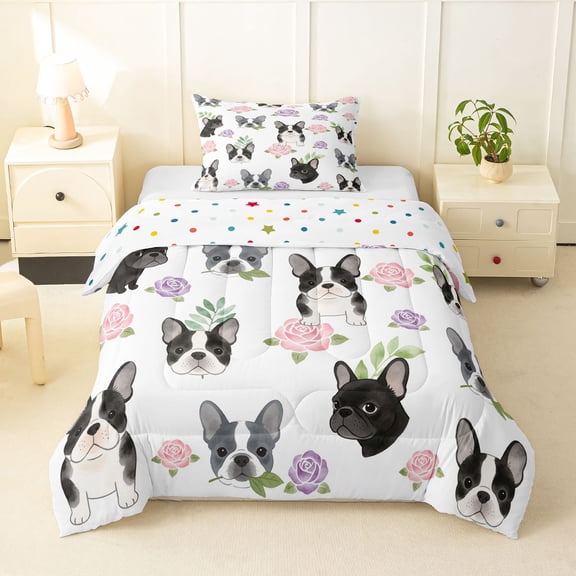 Homewish Cartoon French Bulldog Twin Comforter Sets,Pink Purple Roses Bedding Set,White,Polkadot Reversible,2 Pieces,1 Comforter and 1 Pillowcase