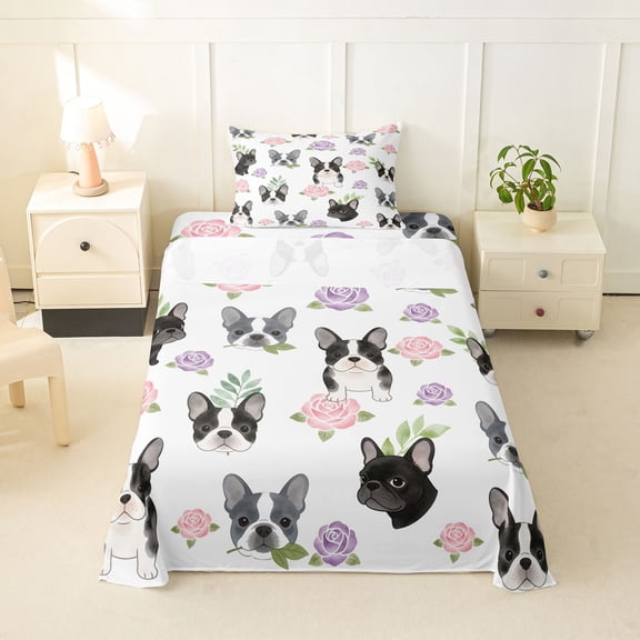 Homewish Cartoon French Bulldog Twin Sheets,Pink Purple Roses Bedding,White,3 Pieces,1 Fitted Sheet and 1 Pillowcase