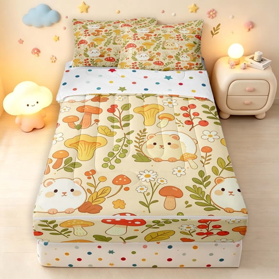 Homewish Cartoon Fungus Plants Zipper Full Size Comforter Sets with Fitted Sheet and 2 Pillowcases,Cute Guinea Pig Animals Zipper Bedding Set,Yellow,Polkadot Reversible,4pcs