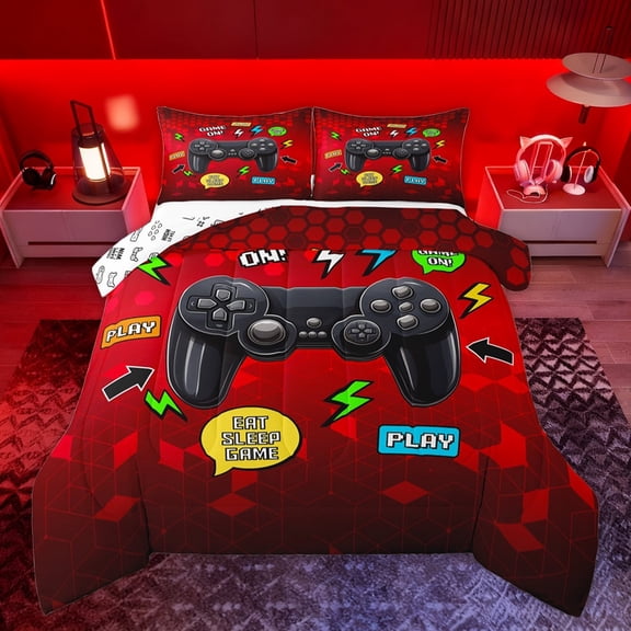 Homewish Cartoon Game Console Bedding Comforter Set, Eat Sleep Game Twin Comforter Sets, Teens Kids Boys Girls Reversible Bedding Set, Breathable Home Decor, 2-Piece