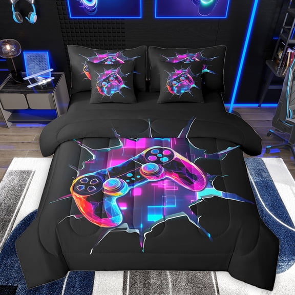 Homewish Cartoon Game Console Bedding Comforter Set, Modern Video Game Player King Bedding Sets, Teens Kids Boys Girls Reversible Bed Sheets, Microfiber Bedroom Decor
