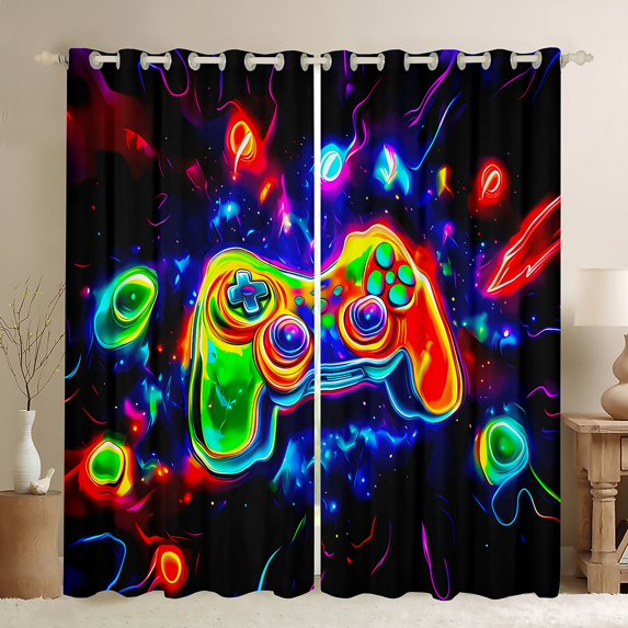 Homewish Cartoon Game Console Black Out Curtains for Kids, Neon Mystic Galaxy Curtains Pack of 2 (42x63 Each), Chic Gamepad Gamer Bedroom Curtains, Living Room Curtains Decor