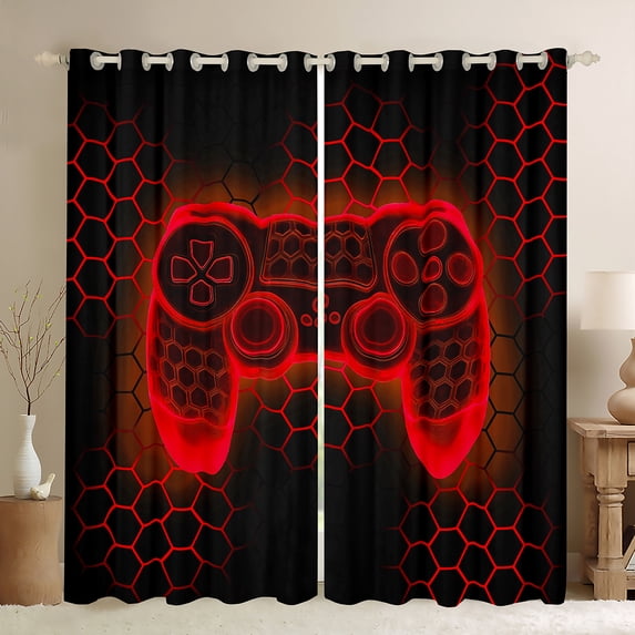 Homewish Cartoon Game Console Black Out Curtains for Teens, Neon Gamepad Curtains Pack of 2 (42x63 Each), Red Futuristic Honeycomb Bedroom Curtains, Window Curtains Bedroom Decor