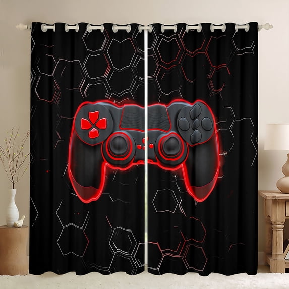 Homewish Cartoon Game Console Blackout Curtains Set of 2 (52x84 Each) for Teens, Red Gamer Gamepad Window Curtains, Futuristic Honeycomb Curtains and Drapes, Curtains and Drapes Bedroom Decor