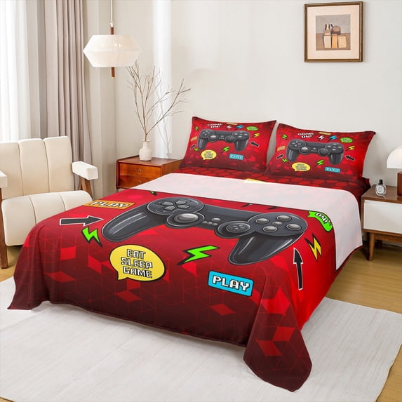Homewish Cartoon Game Console Full Size Sheets, Eat Sleep Game Bed Sheets, Teens Kids Boys Girls Sheet Sets, Breathable Home Decor, 4-Piece