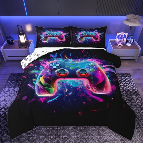 Homewish Cartoon Game Console Queen Comforter Set for Kids, Video Game Lover Bedding Sets, Chic Gamepad Gamer Reversible Bedding Comforter Set, Breathable Home Decor, 3pcs