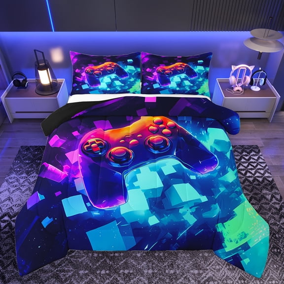 Homewish Cartoon Game Console Queen Comforter Set for Kids, Video Game Lover Bedding Sets, Chic Honeycomb Square Reversible Bedding Comforter Set, Super Cozy Room Decor, 3-Piece