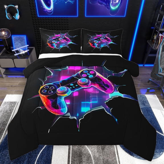 Homewish Cartoon Game Console Queen Comforter Set, Modern Video Game Player Bedding Sets, Teens Kids Boys Girls Reversible Bedding Comforter Set, Microfiber Bedroom Decor, 3pcs