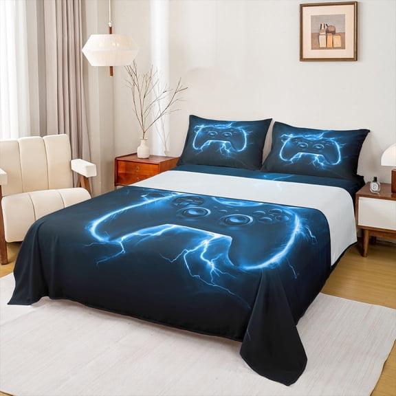 Homewish Cartoon Game Console Queen Sheet Sets for Kids, Neon Blue Lightning Flat Sheet, Modern Video Gaming Lover Queen Fitted Sheet, Luxury Bedroom Decor, 4 Pieces