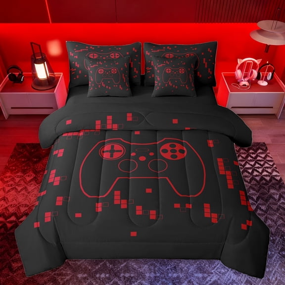 Homewish Cartoon Game Console Twin Bedding Sets 7-Piece for Boy, Video Gamer Controller Bedding Comforter Set, Red Square Abstract Reversible Sheet Sets, Lightweight Room Decor