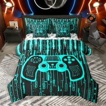 Homewish Cartoon Game Console Twin Bedding Sets 7-Piece for Kids, Black Cyan Stripes Ombre Bedding Comforter Set, Modern Video Game Lover Reversible Sheet Sets, Luxury Bedroom Decor