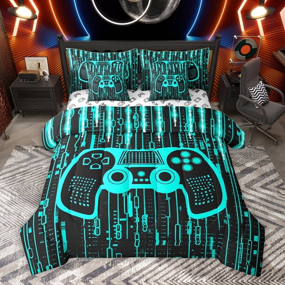 Homewish Cartoon Game Console Twin Bedding Sets 7-Piece for Kids, Black Cyan Stripes Ombre Bedding Comforter Set, Modern Video Game Lover Reversible Sheet Sets, Luxury Bedroom Decor