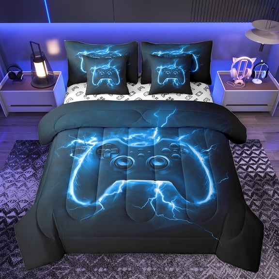 Homewish Cartoon Game Console Twin Bedding Sets 7-Piece for Kids, Neon Blue Lightning Bedding Comforter Set, Modern Video Gaming Lover Reversible Sheet Sets, Luxury Bedroom Decor