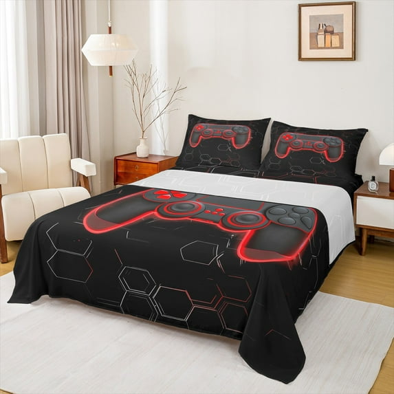 Homewish Cartoon Game Console Twin Sheet Sets for Teens, Red Gamer Gamepad Twin Fitted Sheet, Futuristic Honeycomb Flat Sheet, Microfiber Bedroom Decor, 3pcs