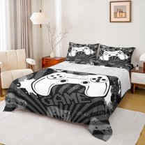 Homewish Cartoon Gamepad Lover Twin Sheet Sets for Boys, Game Console Twin Fitted Sheet, Grey Stripes Abstract Flat Sheet, Breathable Home Decor, 3-Piece