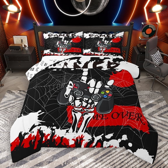 Homewish Cartoon Gamepad Print Queen Comforter Set, Spider Web Bedding Sets, Gothic Skull Skeleton Reversible Bedding Comforter Set, Lightweight Room Decor, 3-Piece