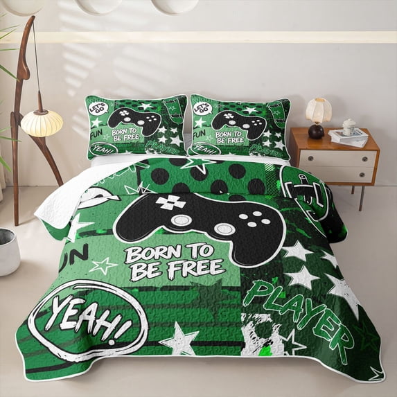 Homewish Cartoon Gaming Controller Quilt Full,Esports Gamepad Full Bedspread Sets,Green,3pcs