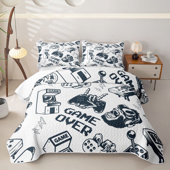Homewish Cartoon Gaming Controller Twin Quilt Set,Game Over Print Twin Coverlet Set,White,2pcs