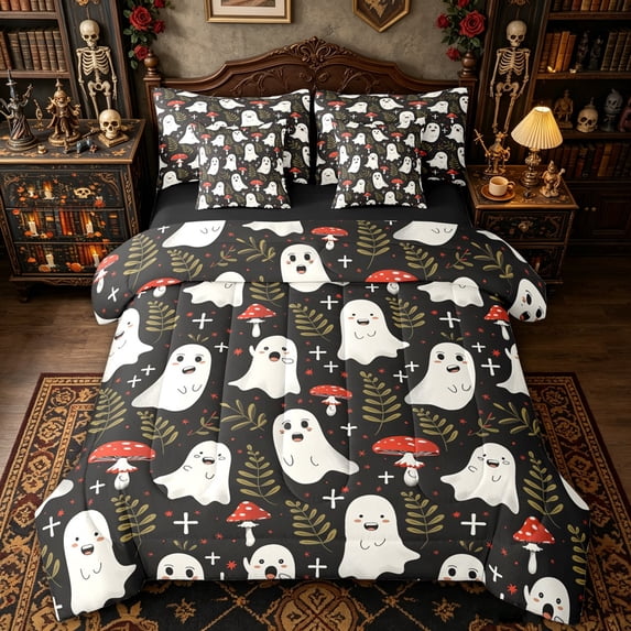 Homewish Cartoon Ghost Red Mushroom Full Size Bedding Sets for Kids, Black Cottage Halloween Full Size Bed in a Bag, Black Reversible, 7pcs