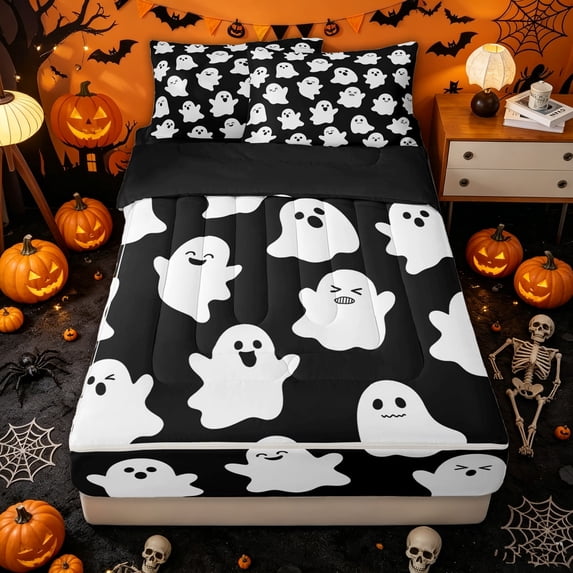 Homewish Cartoon Ghost Skull Zipper Twin Comforter Sets with Fitted Sheet and 2 Pillowcases for Kids, Cute Happy Halloween Zipper Bedding Set, Black Reversible, 4 Pieces