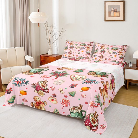 Homewish Cartoon Gingerbread Man 3pcs Twin Sheet Sets For Preppy Children Kids,Merry Christmas Twin Fitted Sheet,Happy Winter Xmas Breathable Flat Sheet,Luxury Bedroom Decor
