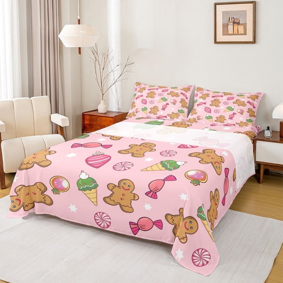 Homewish Cartoon Gingerbread Man 4pcs Bed Sheets for Kids Children Teens,Merry Christmas King Sheets,Happy Xmas Super Cozy Sheet Set,Ultra Soft Home Decor