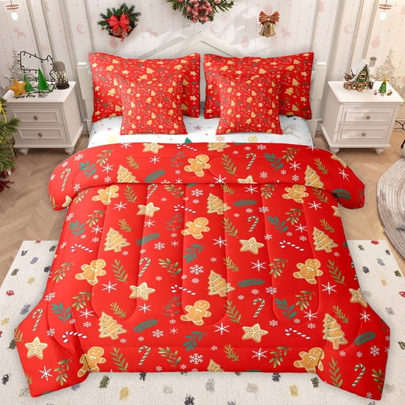Homewish Cartoon Gingerbread Man 7-Piece Twin Bedding Sets,Merry Christmas Bedding Comforter Set,Red Brown Sheet Sets For Kids,Super Cozy Room Decor Reversible