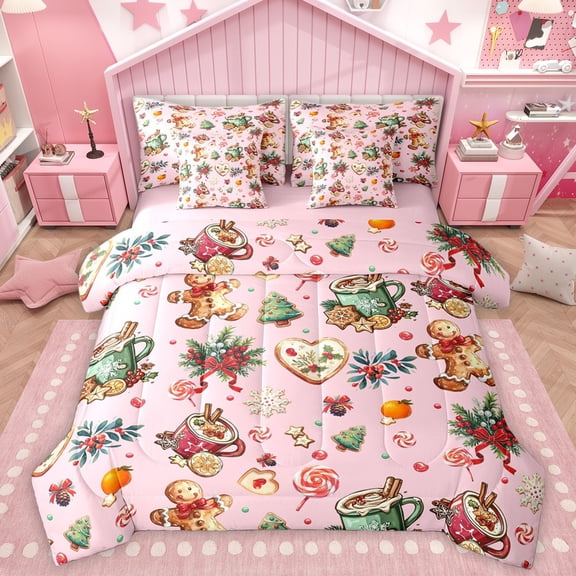 Homewish Cartoon Gingerbread Man 7-Piece Twin Bedding Sets For Preppy Children Kids,Merry Christmas Bedding Comforter Set,Happy Winter Xmas Breathable Sheet Sets,Luxury Bedroom Decor,Reversible