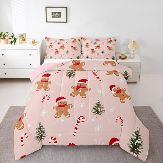 Homewish Cartoon Gingerbread Man Full Size Comforter Sets,Red Christmas Hat Bedding Comforter Set,Happy New Year Bedding Sets For Boys Kids,Super Cozy Room Decor Reversible,3 Pieces