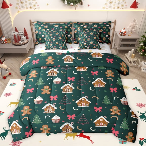 Homewish Cartoon Gingerbread Man Twin Bedding Sets 7-Piece, Winter Christmas Cabin Bedding Comforter Set, Teens Kids Boys Girls Reversible Sheet Sets, Ultra Soft Bedroom Decor