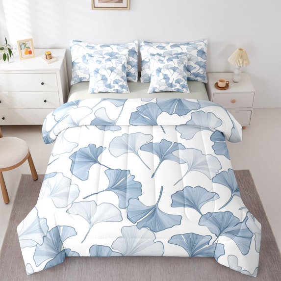 Homewish Cartoon Ginkgo Kids Bedding Comforter Set 7 Pieces, Blue Plant Botanical Full Bedding Set, Rustic Leaf Print Reversible Fitted Sheet Flat Sheet, Luxury Bedroom Decor