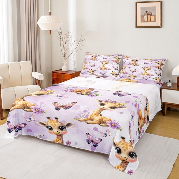 Homewish Cartoon Giraffe 3pcs Twin Sheet Sets for Kids Children,Purple Flower Butterfly Twin Fitted Sheet,Kawaii Animal Breathable Flat Sheet,Breathable Home Decor