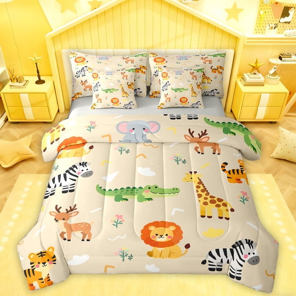 Homewish Cartoon Giraffe Zebra 7pcs Bedding Comforter Set,Zoo Animal Lions Queen Bedding Sets,Wild Tiger Deer Crocodile Queen Sheet Sets For Boys Kids,Breathable Home Decor Reversible