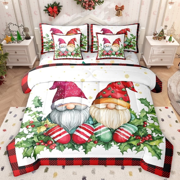 Homewish Cartoon Gnome 7-Piece Bedding Comforter Set,Rustic Christmas Flower King Bedding Sets,Red Xmas Berry Bed Sheets For Girls Kids,Breathable Home Decor Reversible