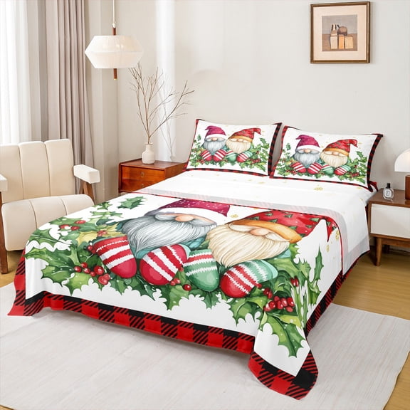 Homewish Cartoon Gnome Bed Sheets,Rustic Christmas Flower King Sheets,Red Xmas Berry Sheet Set For Girls Kids,Breathable Home Decor,4 Pieces