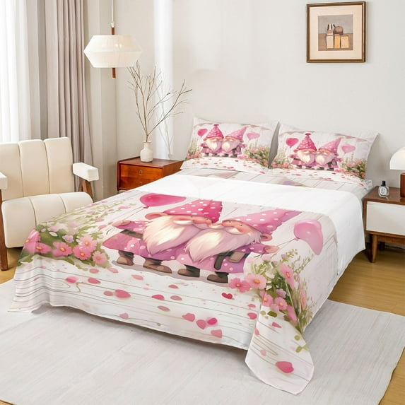 Homewish Cartoon Gnome Child Queen Sheet Sets, Love Heart Balloon Flat Sheet, Pink Groovy flower Queen Fitted Sheet, Breathable Home Decor, 4 Pieces