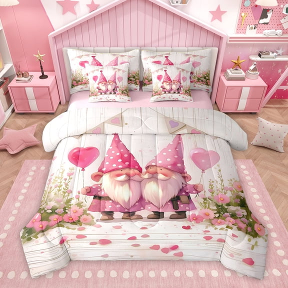 Homewish Cartoon Gnome Child Twin Bedding Sets 7-Piece, Love Heart Balloon Bedding Comforter Set, Pink Groovy flower Reversible Sheet Sets, Breathable Home Decor