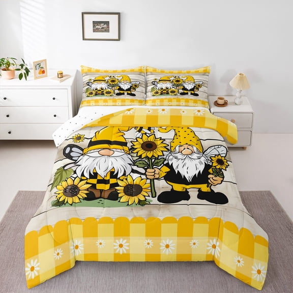 Homewish Cartoon Gnome Lover Queen Comforter Set, Vibrant Rustic Sunflower Bedding Sets, Rustic Lodge Cabin Reversible Bedding Comforter Set, Breathable Home Decor, 3-Piece
